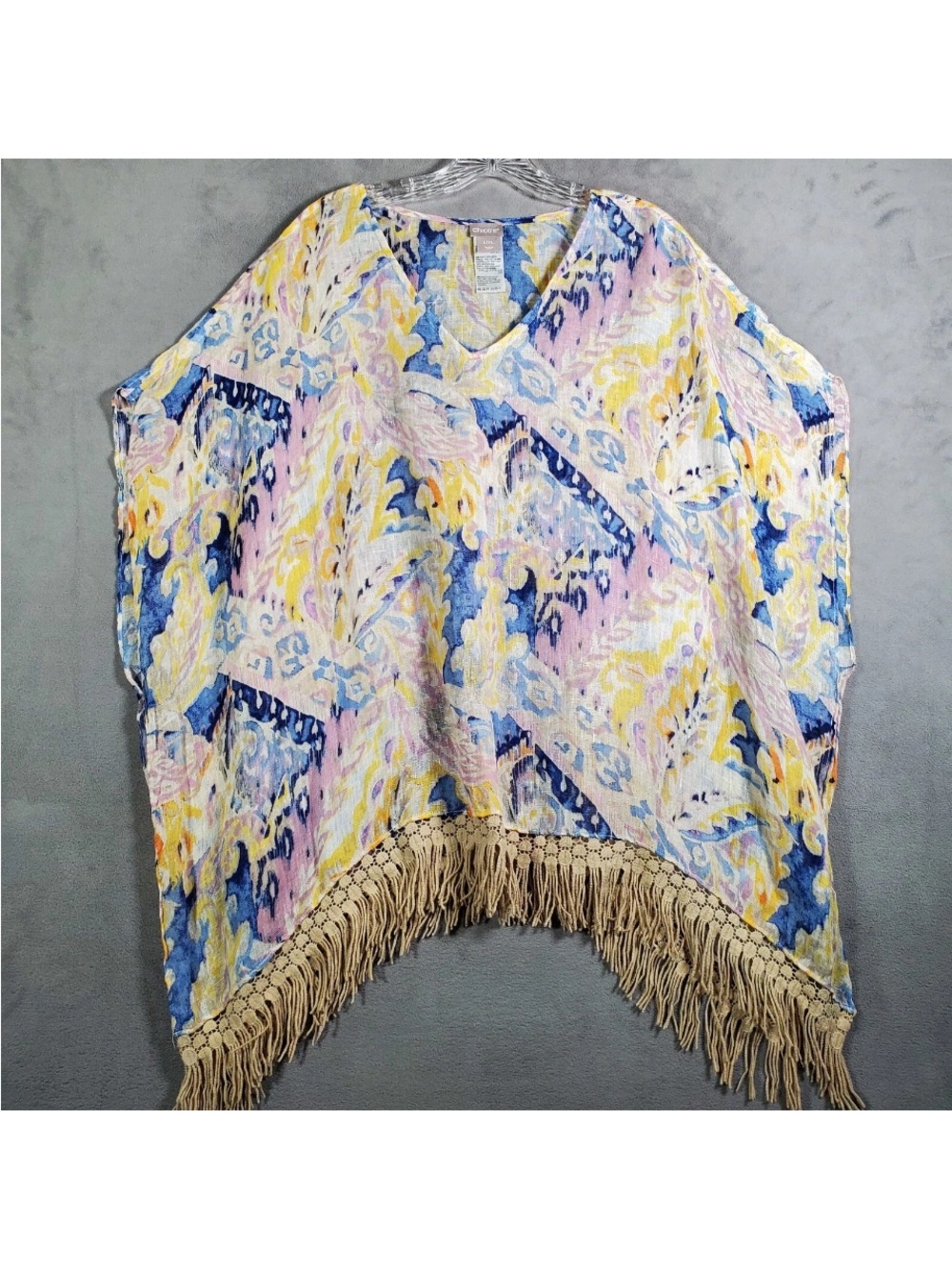 EUC Chico's Pastel Multicolor Fringe Poncho - Blue, Yellow, Pink, Cream